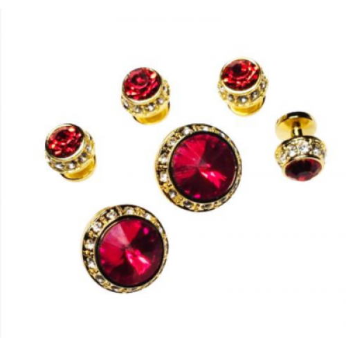 Ruby Red Cufflink and Stud Set Gold Trim